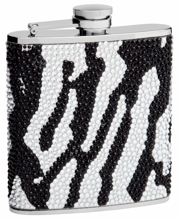 ''Rhinestone Hip Flask Holding 6 oz - Zebra Pattern Design - Pocket Size, Stainless Steel, Rustproof,